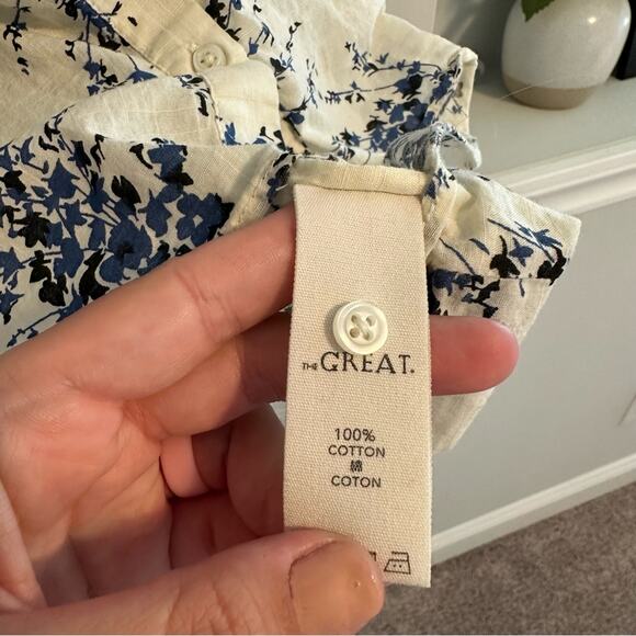 THE GREAT. White Blue Cotton Floral Lace Short Sleeve Victorian Top Blouse 3 L - Picture 7 of 12